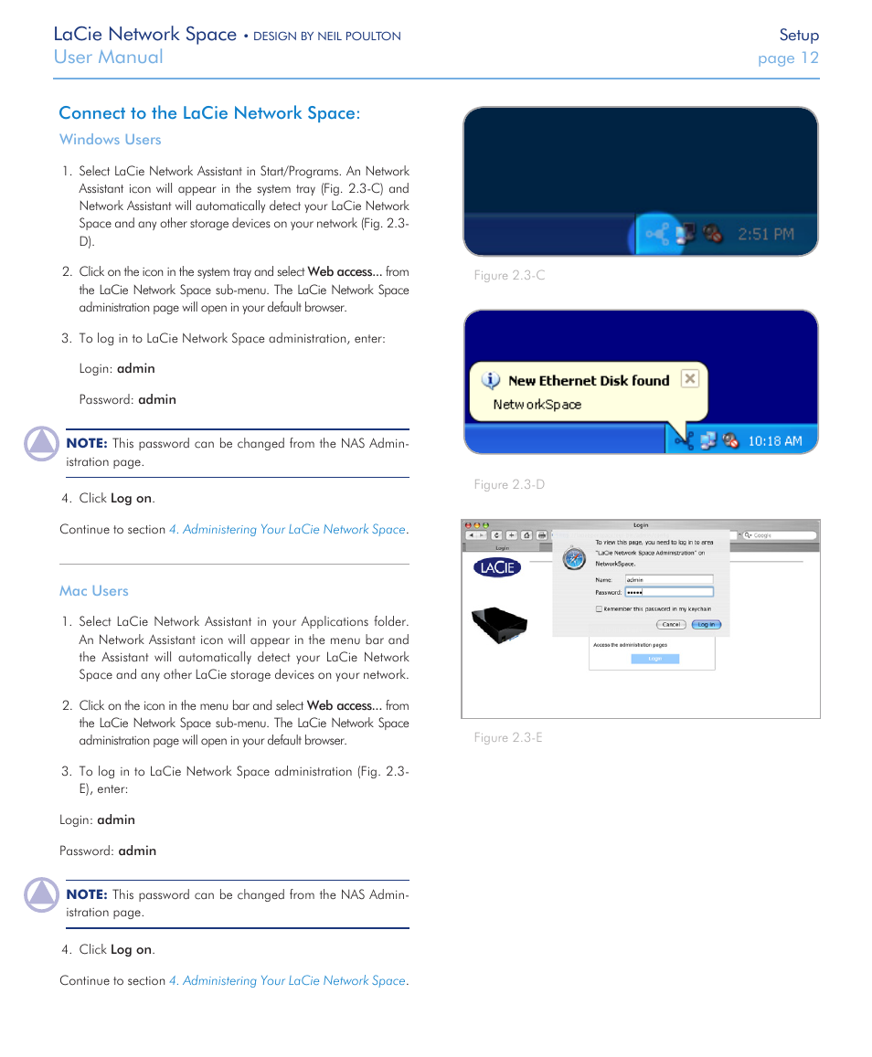 Lacie network space, User manual, Connect to the lacie network space | LaCie Network Space User Manual | Page 12 / 34