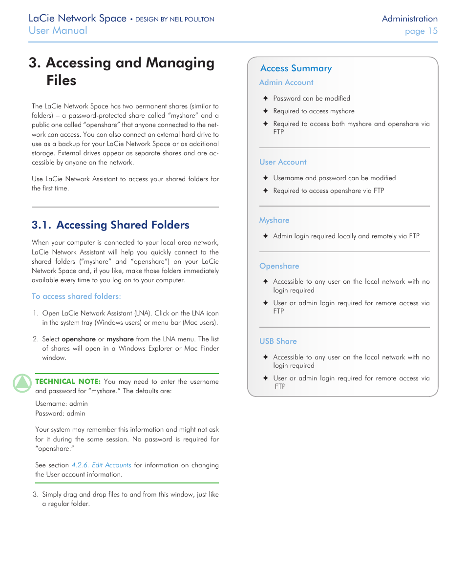 Accessing and managing files, Accessing shared folders, Lacie network space | User manual, Access summary | LaCie Network Space User Manual | Page 15 / 34
