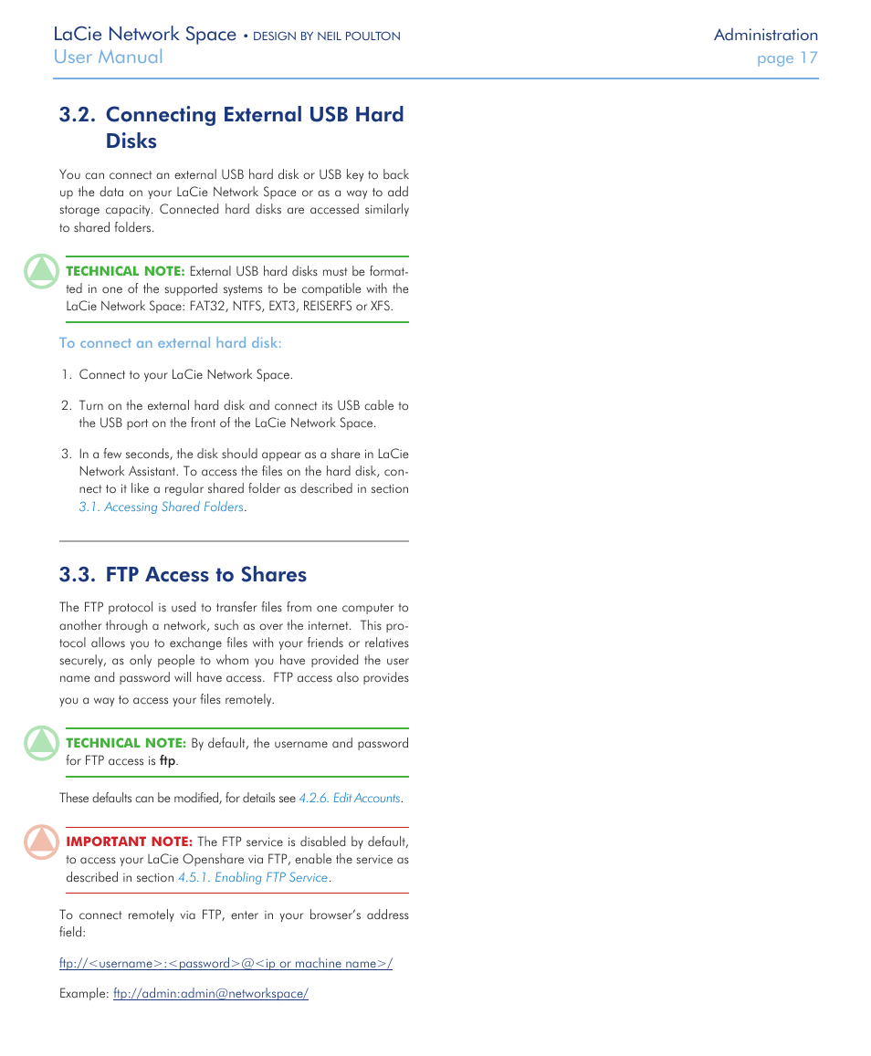 Connecting external usb hard disks, Ftp access to shares, Lacie network space | User manual | LaCie Network Space User Manual | Page 17 / 34