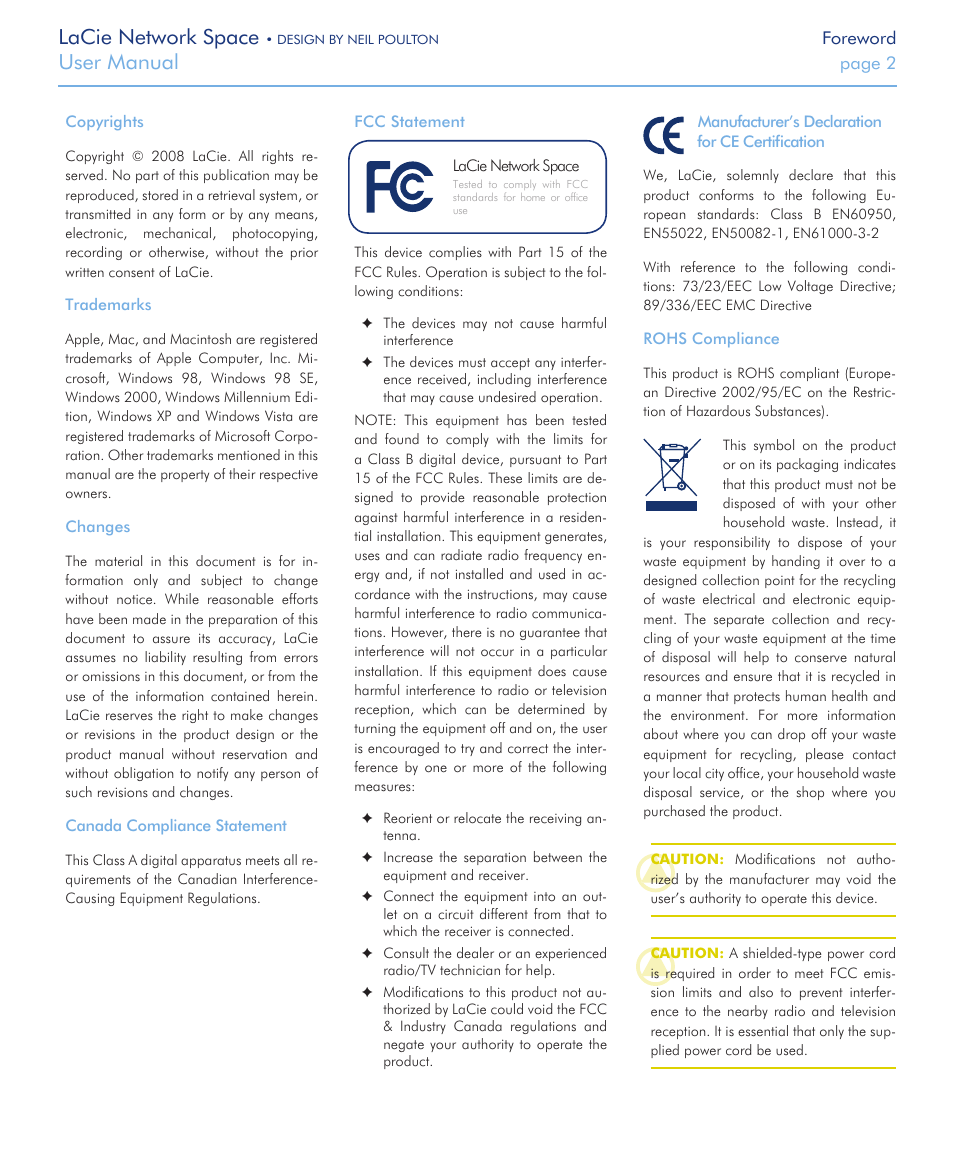 Lacie network space, User manual | LaCie Network Space User Manual | Page 2 / 34