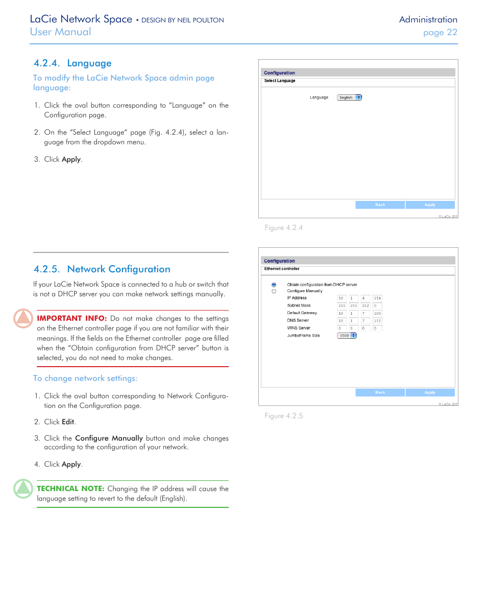 Language, Network configuration, Language 4.2.5. network configuration | Lacie network space, User manual | LaCie Network Space User Manual | Page 22 / 34