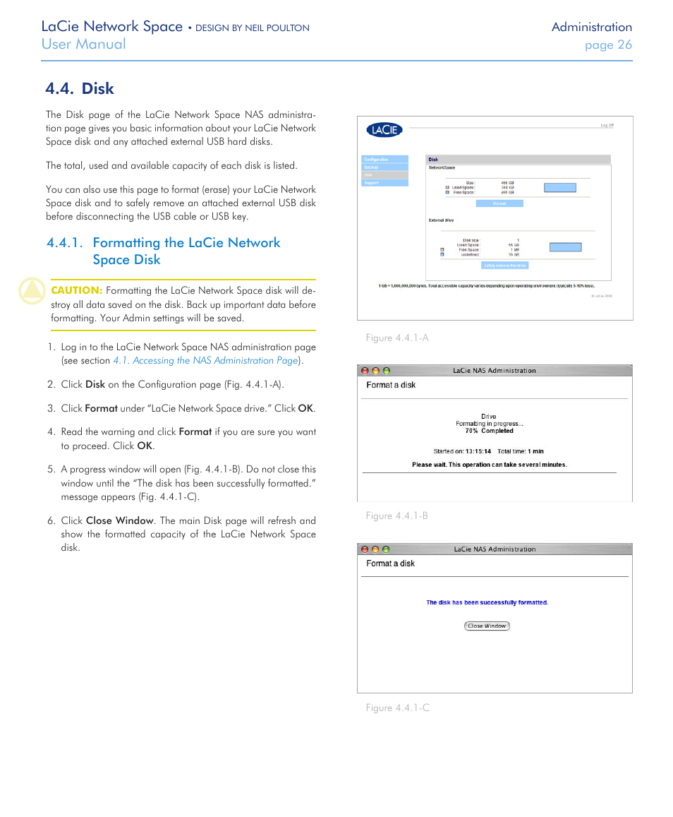 Disk, Formatting the lacie network space disk, Lacie network space | User manual | LaCie Network Space User Manual | Page 26 / 34