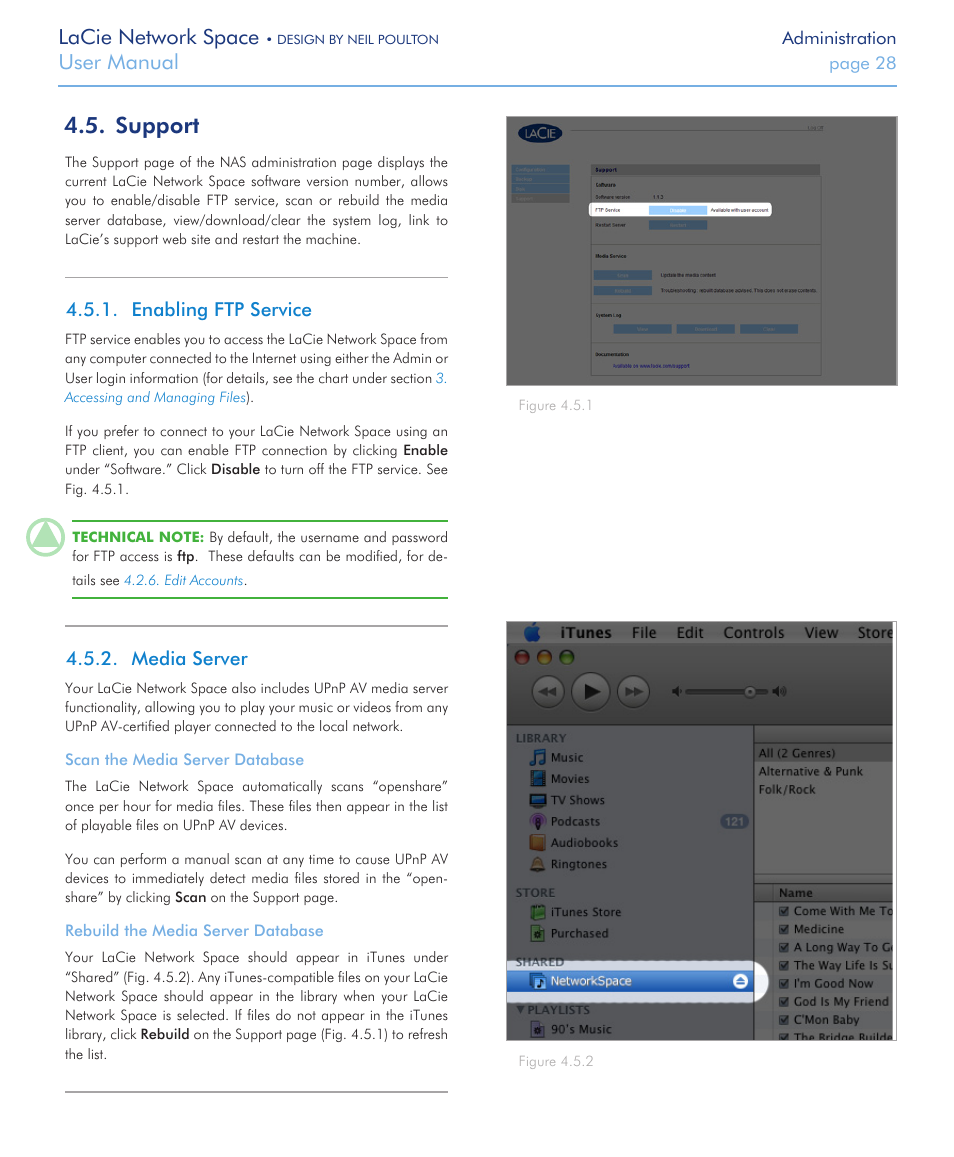 Support, Enabling ftp service, Media server | Enabling ftp service 4.5.2. media server, Described in section, Ftp service enabled). see section, Lacie network space, User manual | LaCie Network Space User Manual | Page 28 / 34