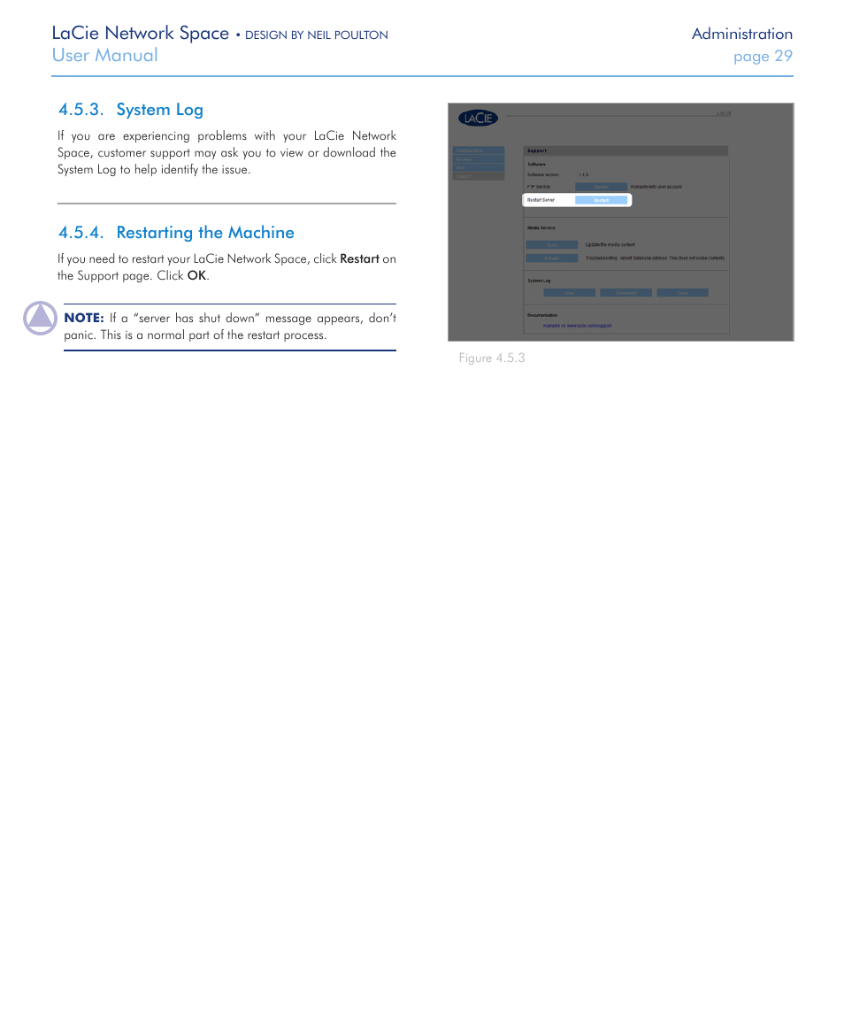 System log, Restarting the machine, System log 4.5.4. restarting the machine | Lacie network space, User manual | LaCie Network Space User Manual | Page 29 / 34