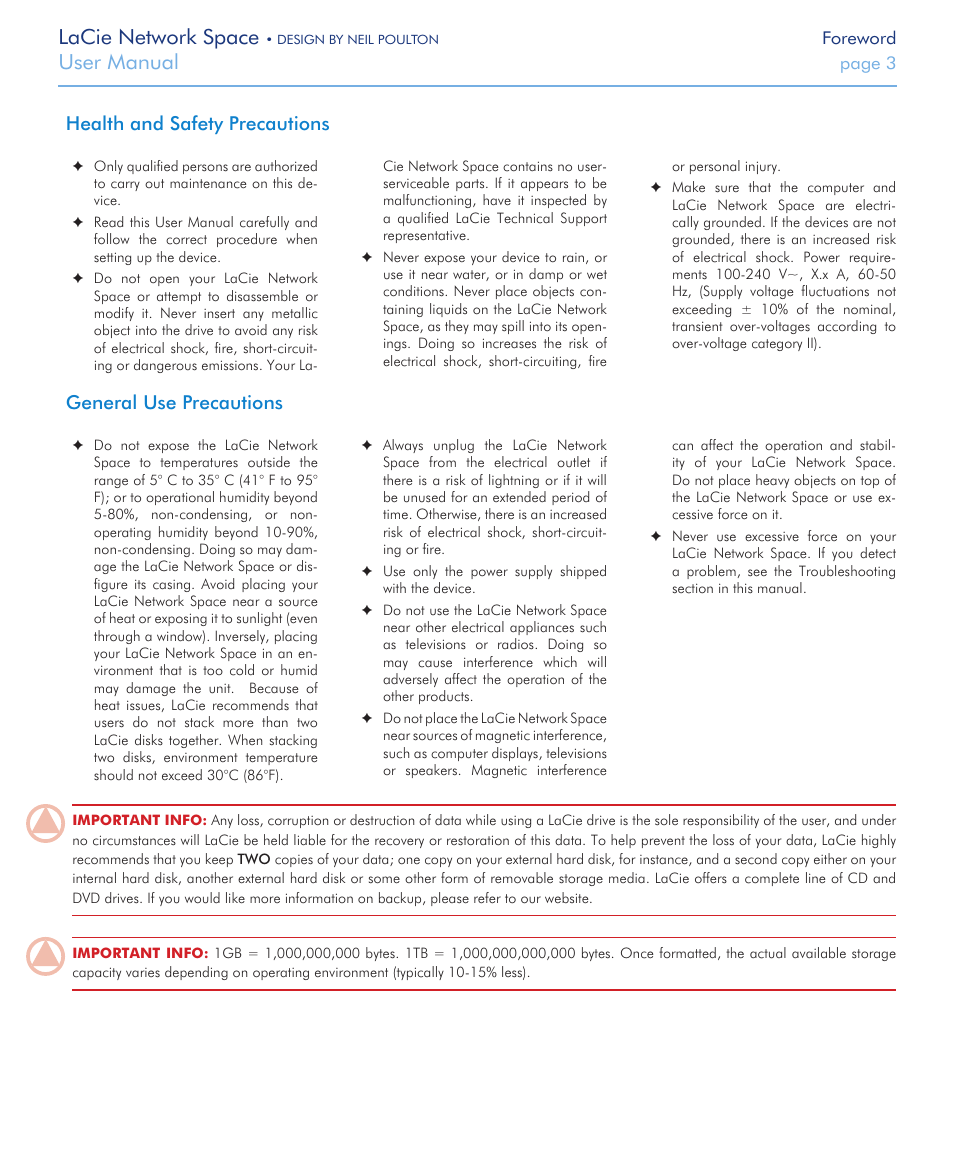 Health and safety precautions, General use precautions, Lacie network space | User manual | LaCie Network Space User Manual | Page 3 / 34