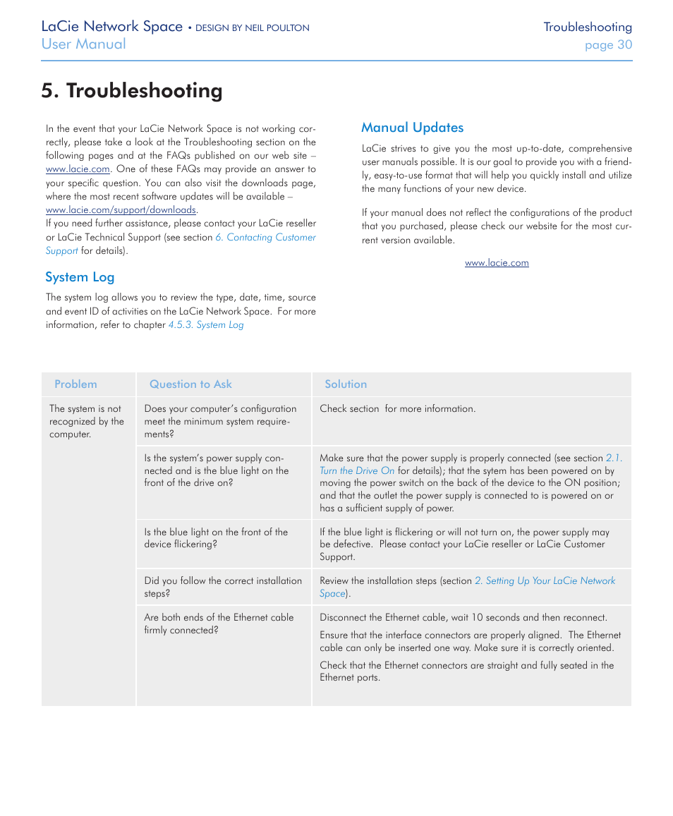 Troubleshooting, Lacie network space, User manual | System log, Manual updates | LaCie Network Space User Manual | Page 30 / 34