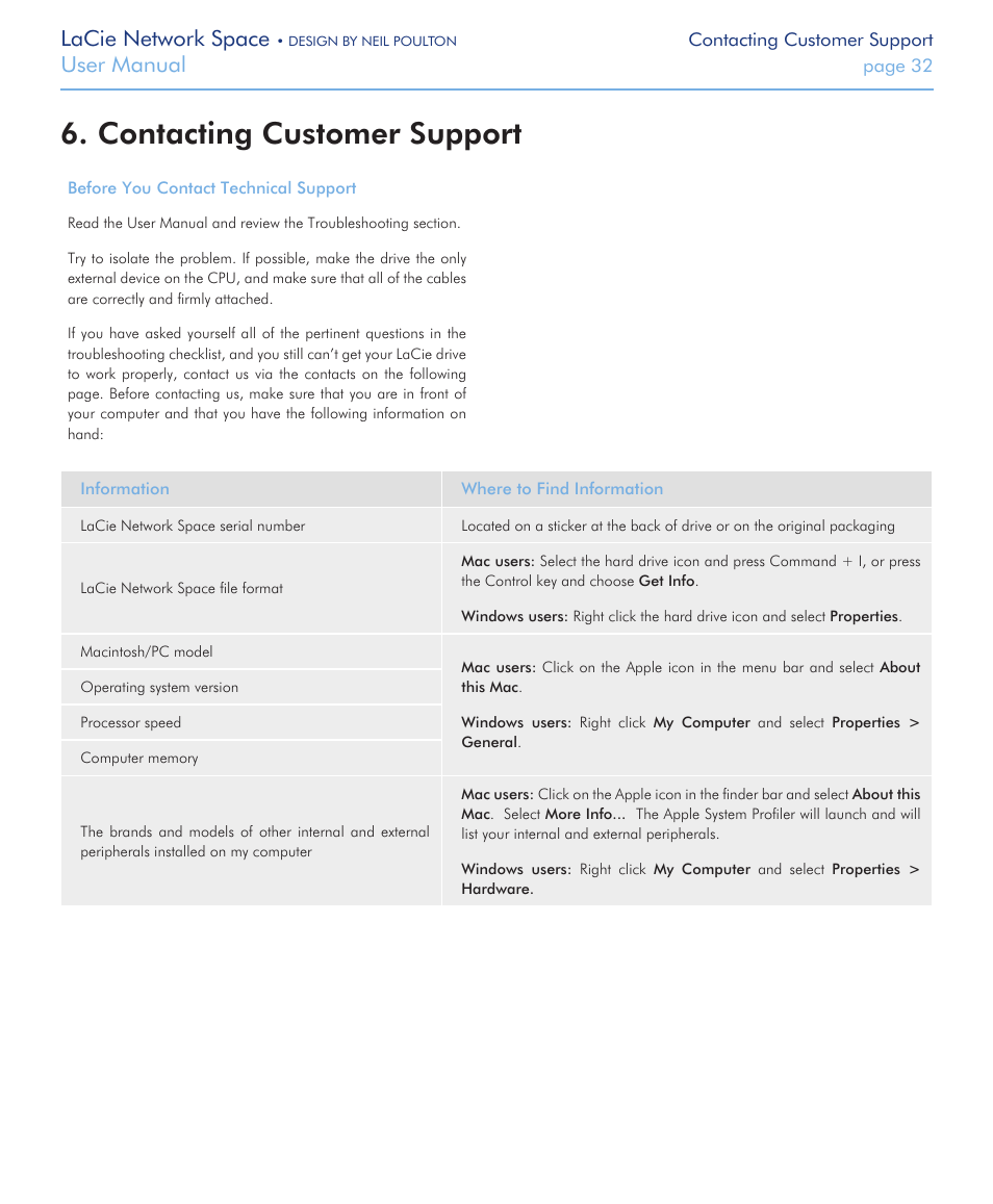 Contacting customer support, Contacting customer, Support | For details), Lacie network space, User manual | LaCie Network Space User Manual | Page 32 / 34