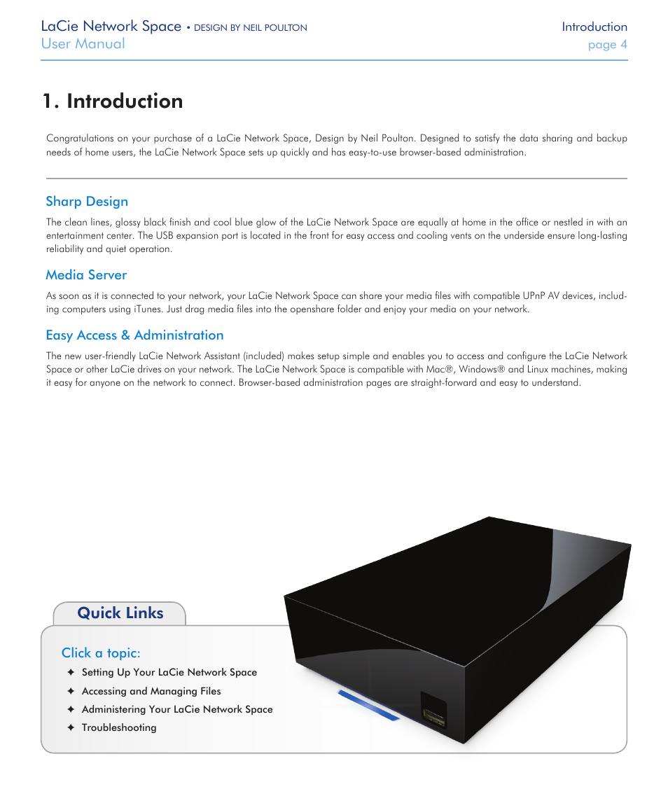 Introduction, Quick links, Lacie network space | User manual | LaCie Network Space User Manual | Page 4 / 34