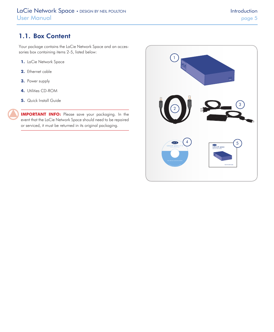 Box content, Lacie network space, User manual | Introduction, Page 5 | LaCie Network Space User Manual | Page 5 / 34