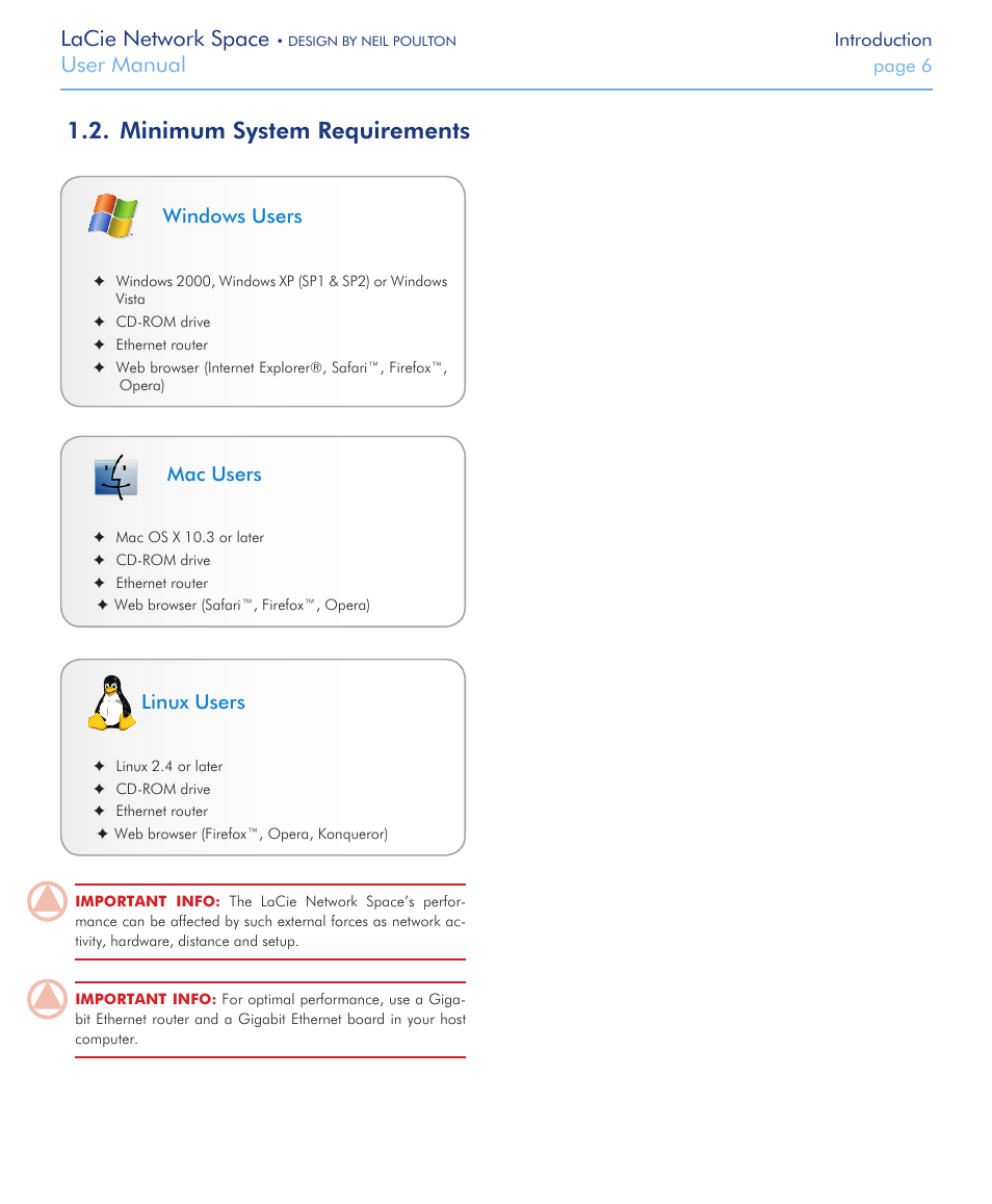 Minimum system requirements, Lacie network space, User manual | Mac users, Linux users, Windows users | LaCie Network Space User Manual | Page 6 / 34