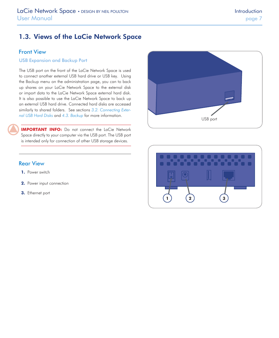 Views of the lacie network space, Lacie network space, User manual | Front view, Rear view | LaCie Network Space User Manual | Page 7 / 34
