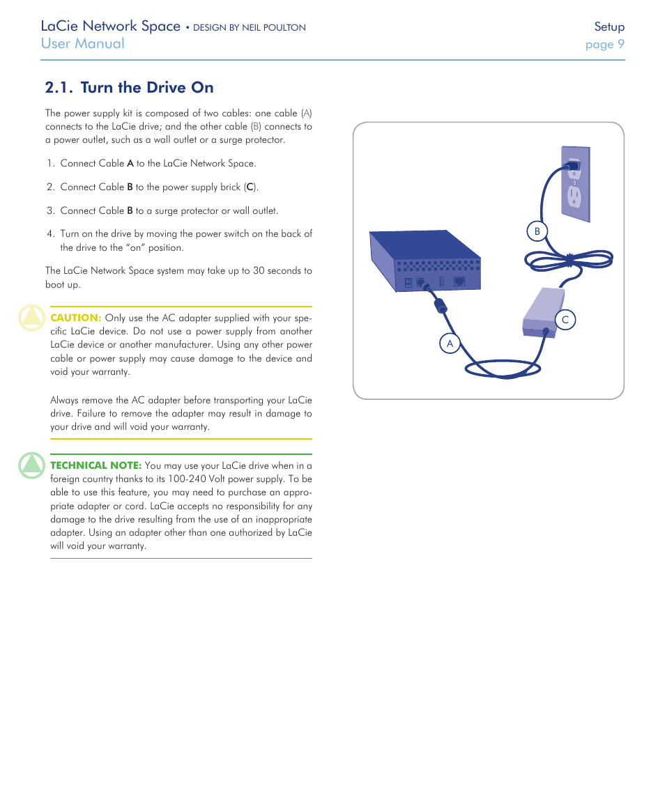 Turn the drive on, Section, Lacie network space | User manual | LaCie Network Space User Manual | Page 9 / 34