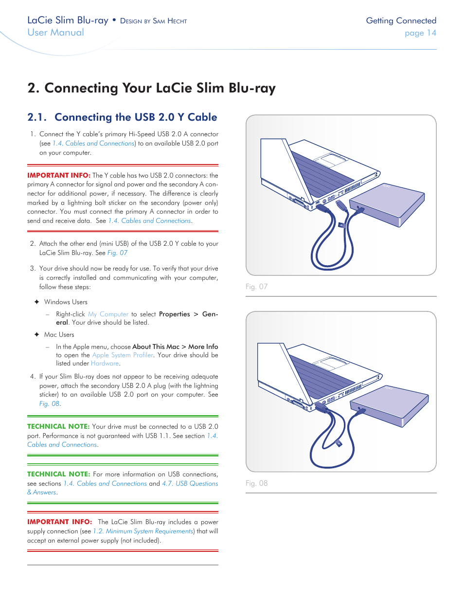 Connecting your lacie slim blu-ray, Connecting the usb 2.0 y cable, See section | Connecting your lacie slim blu-rayy, Connecting your lacie slim blu, Rayy, Lacie slim blu-ray, User manual | LaCie Slim Blu-ray User Manual | Page 14 / 28