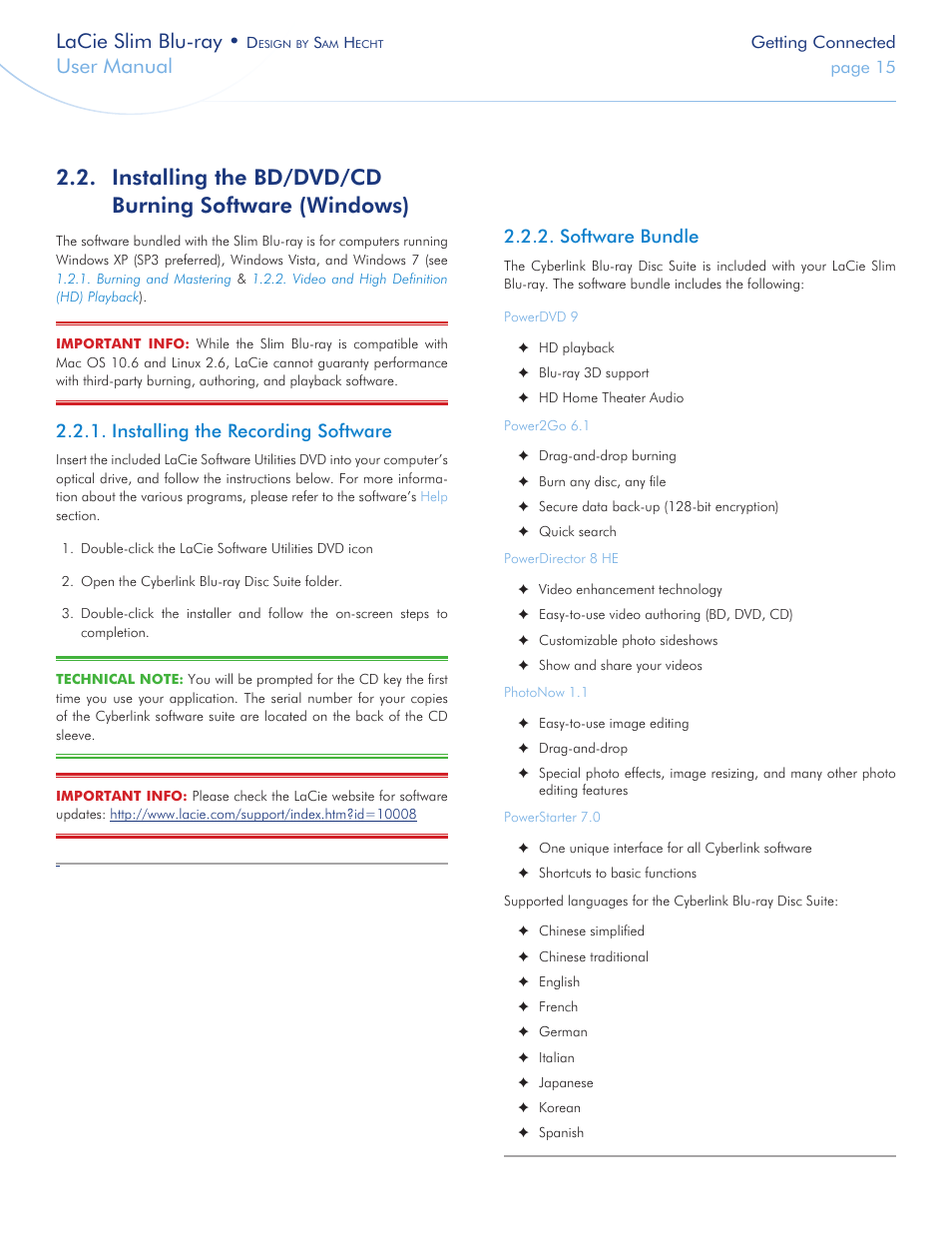 Installing the recording software, Software bundle, Lacie slim blu-ray | User manual | LaCie Slim Blu-ray User Manual | Page 15 / 28