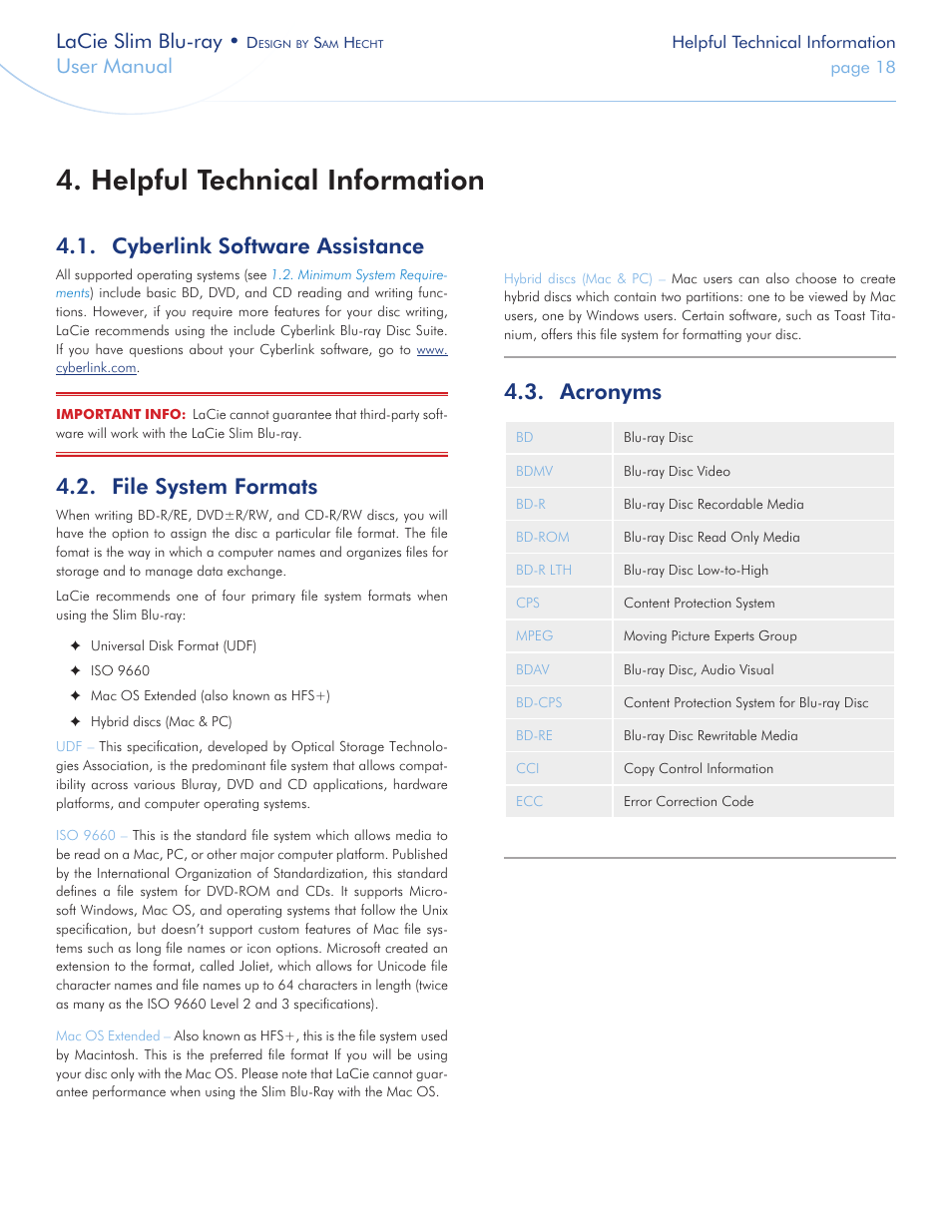 Helpful technical information, Cyberlink software assistance, File system formats | Acronyms, Lacie slim blu-ray, User manual | LaCie Slim Blu-ray User Manual | Page 18 / 28