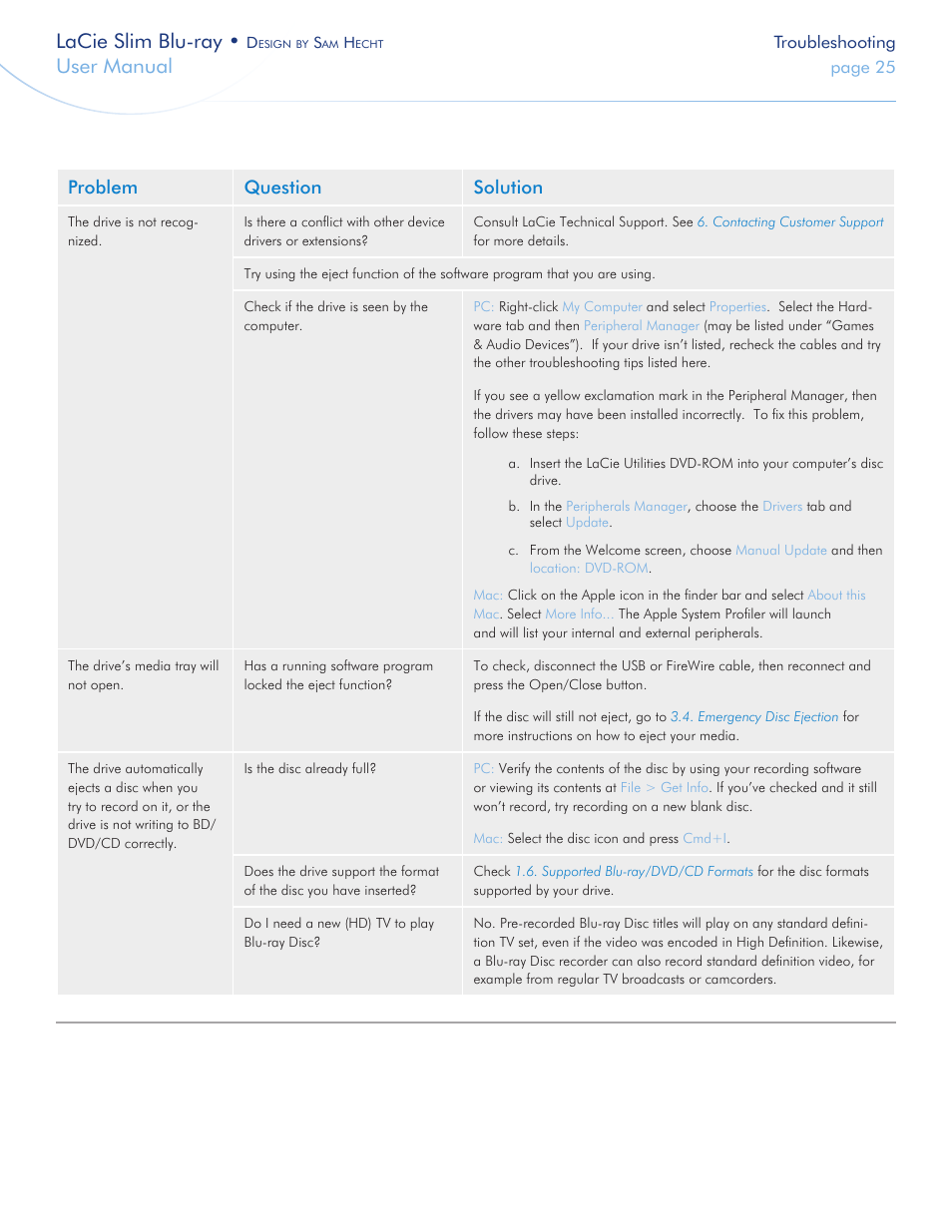 Lacie slim blu-ray, User manual, Problem question solution | LaCie Slim Blu-ray User Manual | Page 25 / 28