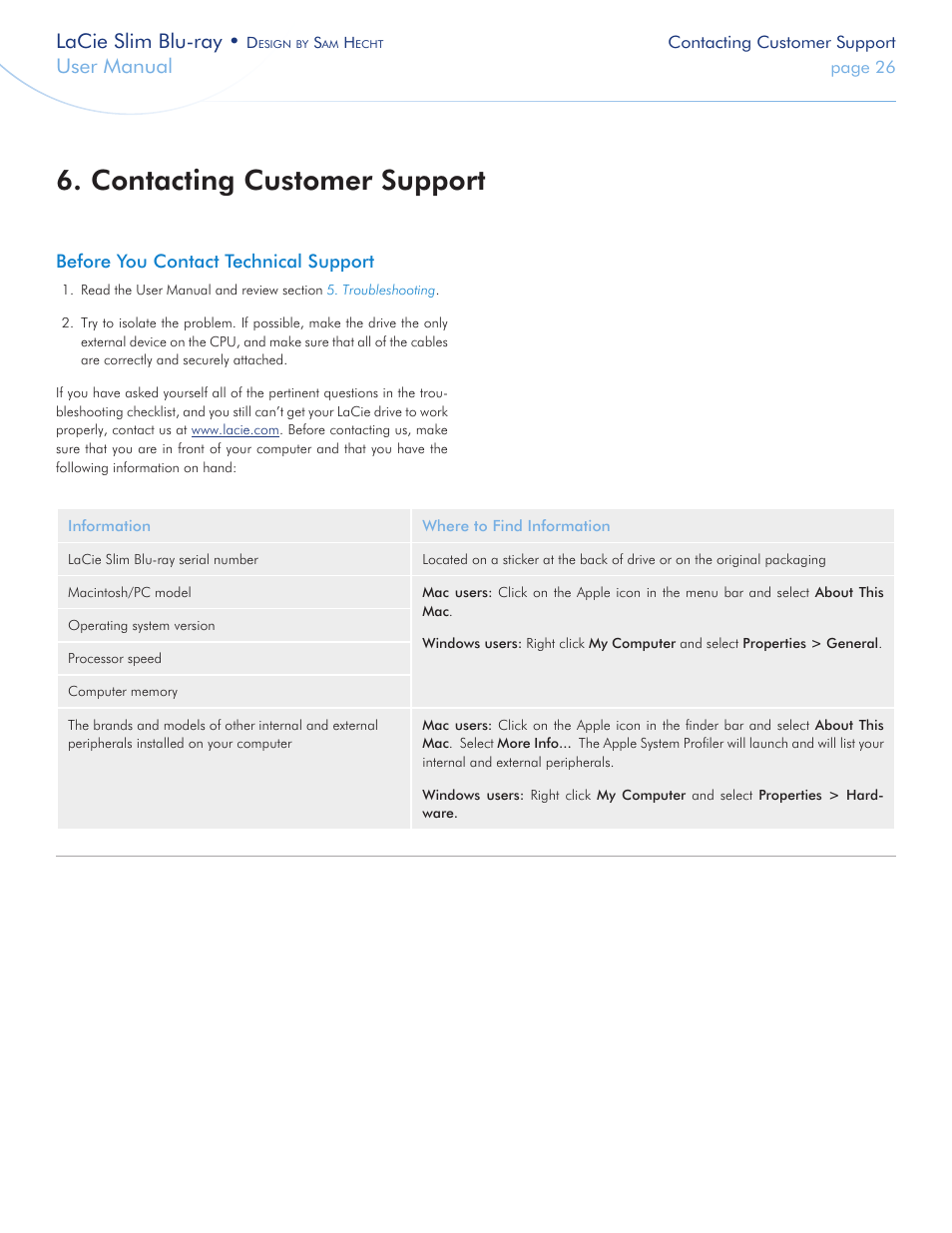 Contacting customer support, Lacie technical support (see section, Contacting customer sup | Port, For details), Lacie slim blu-ray, User manual | LaCie Slim Blu-ray User Manual | Page 26 / 28