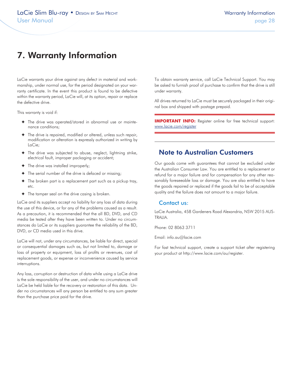 Warranty information, Lacie slim blu-ray, User manual | LaCie Slim Blu-ray User Manual | Page 28 / 28