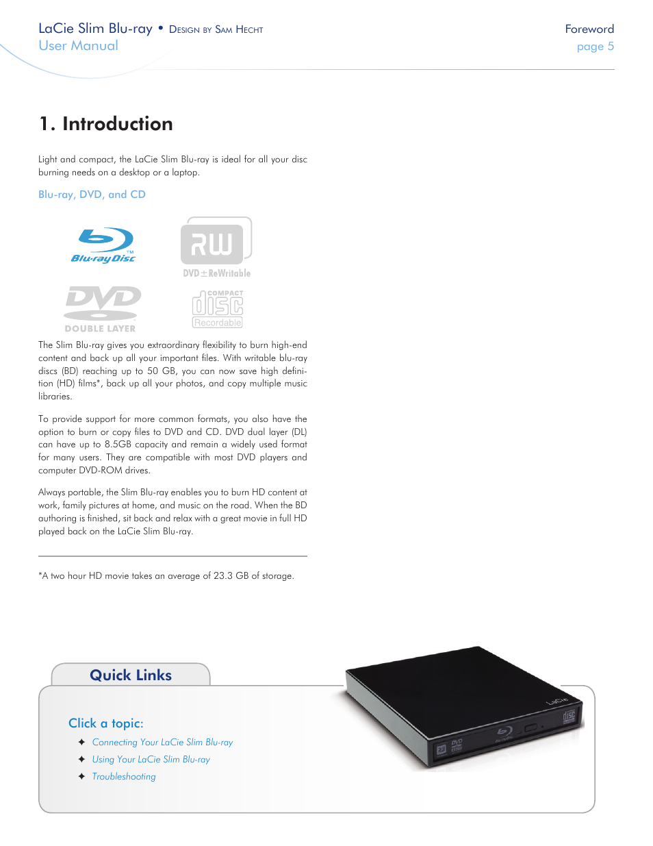 Introduction, Quick links, Lacie slim blu-ray | User manual | LaCie Slim Blu-ray User Manual | Page 5 / 28