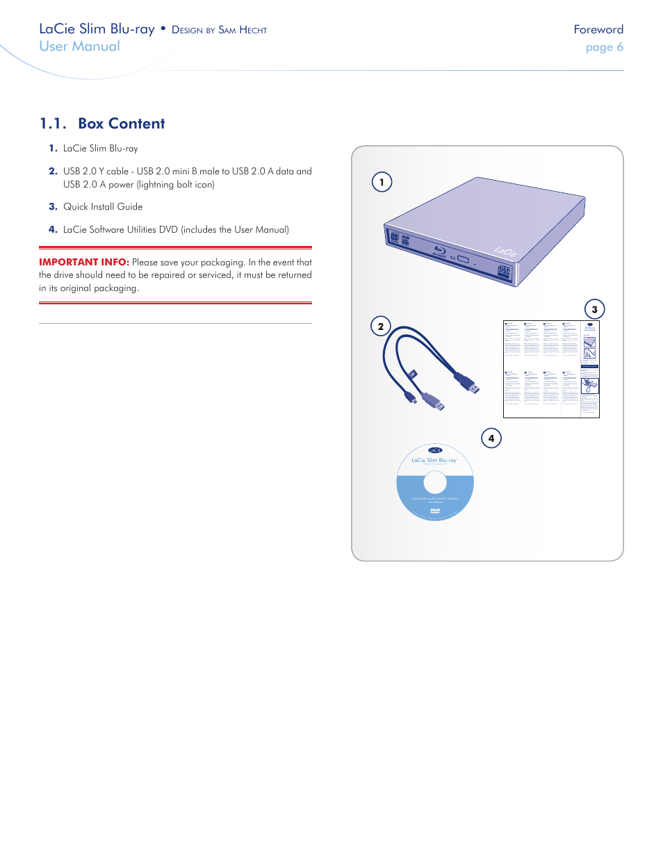 Box content, Lacie slim blu-ray, User manual | Foreword, Page 6 | LaCie Slim Blu-ray User Manual | Page 6 / 28