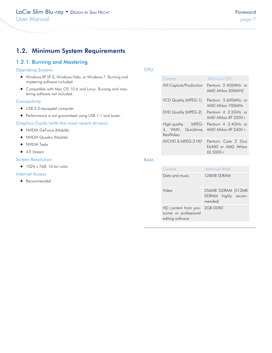 Minimum system requirements, Burning and mastering, Lacie slim blu-ray | User manual | LaCie Slim Blu-ray User Manual | Page 7 / 28