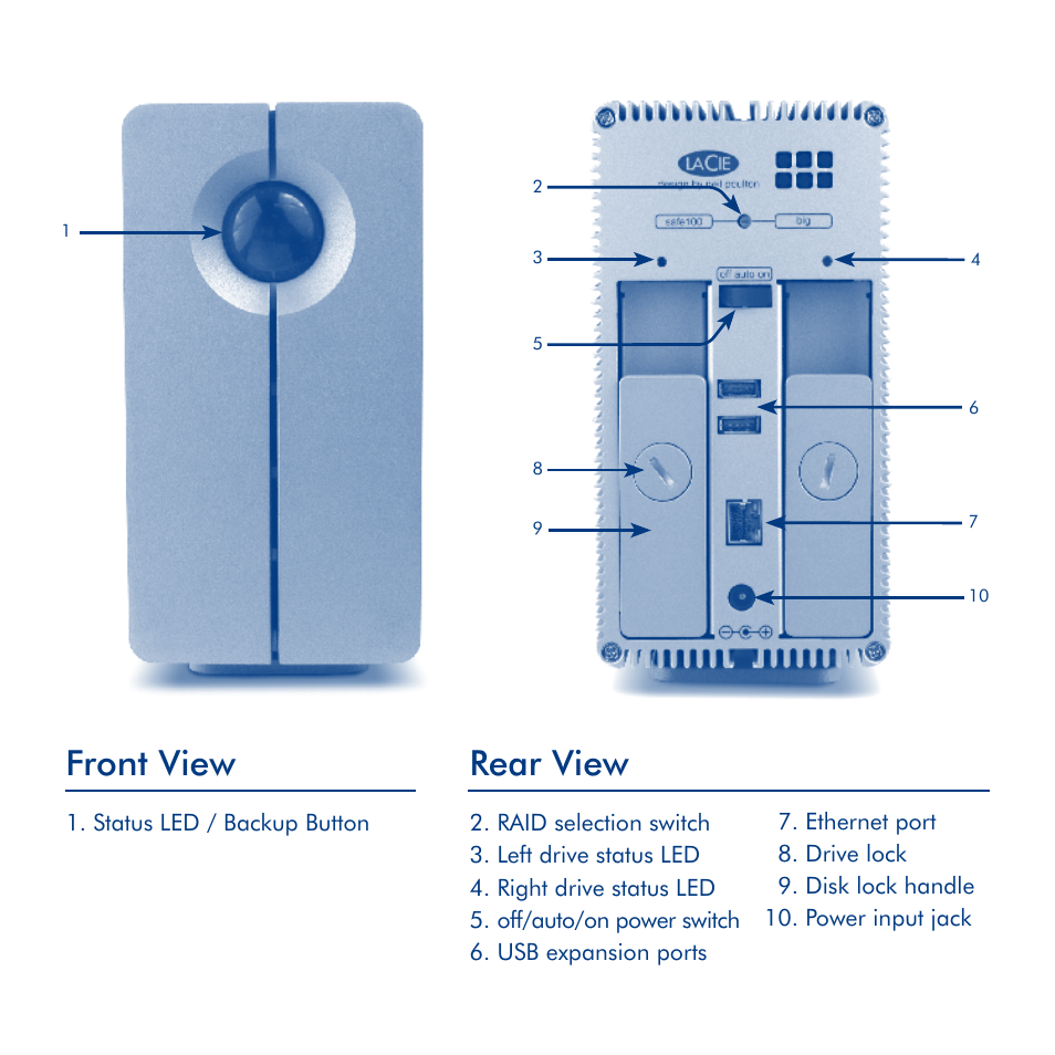 Front view, Rear view | LaCie 2big metwork User Manual | Page 3 / 24