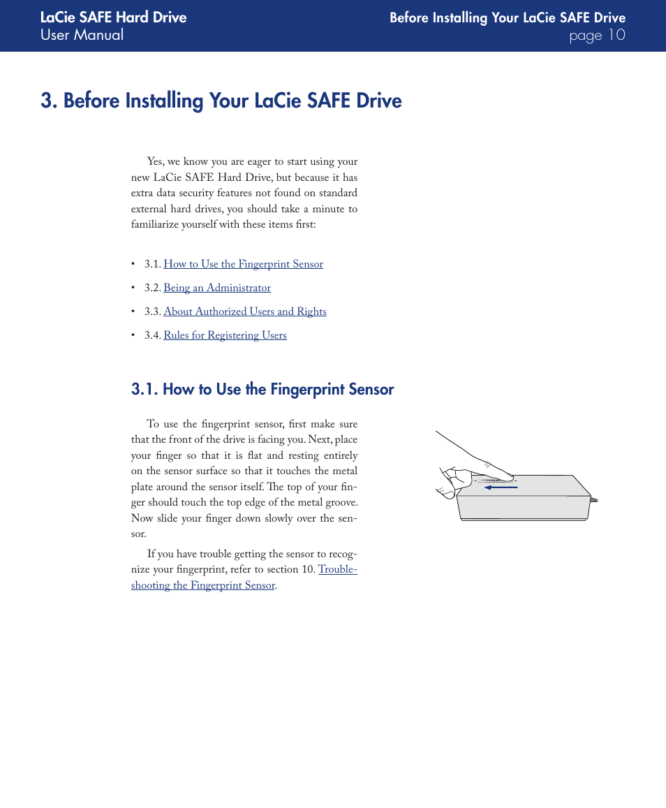 Before installing your lacie safe drive, How to use the fingerprint sensor | LaCie SAFE User Manual | Page 10 / 45