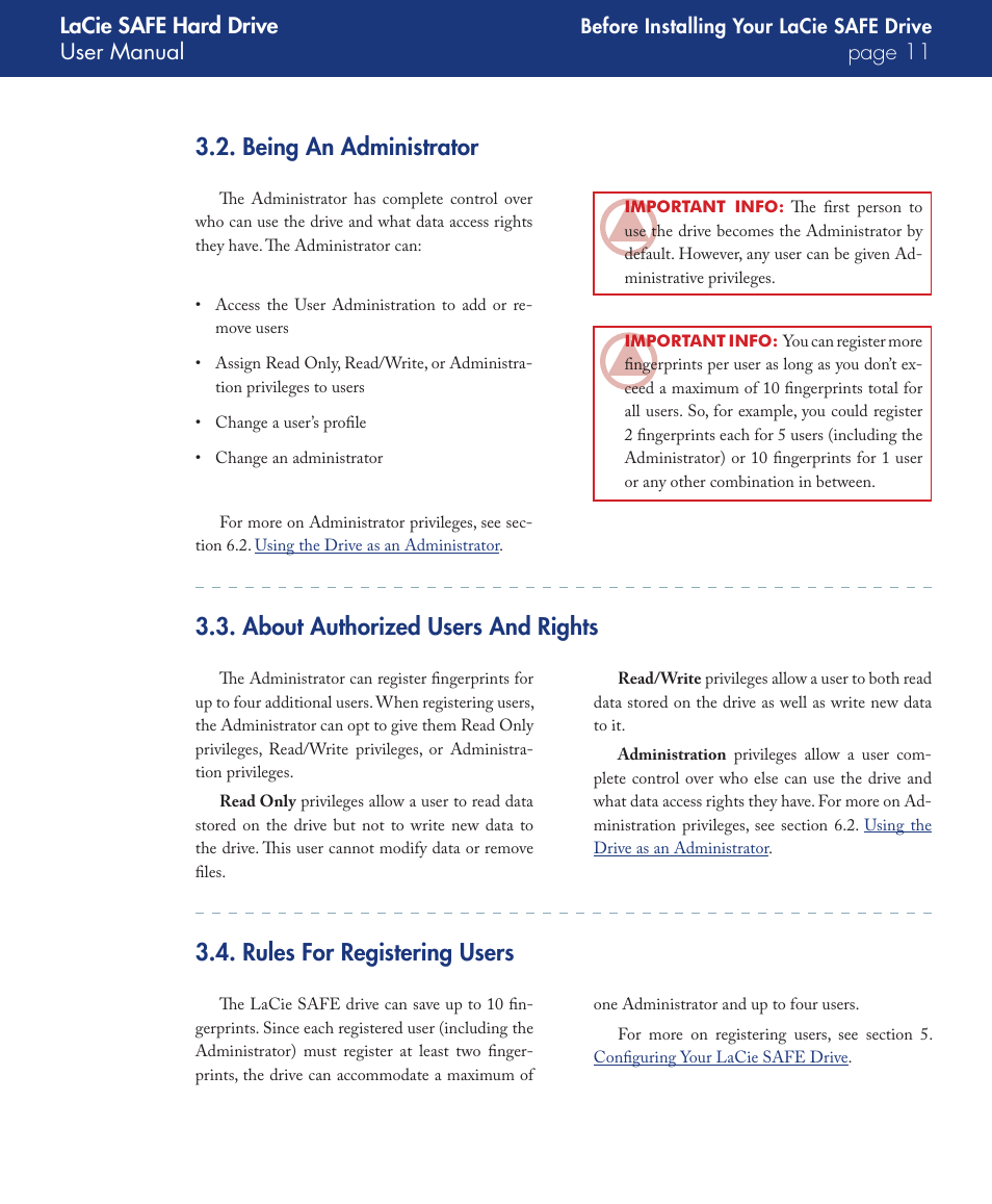 Being an administrator, About authorized users and rights, Rules for registering users | Lacie safe hard drive user manual page 11 | LaCie SAFE User Manual | Page 11 / 45