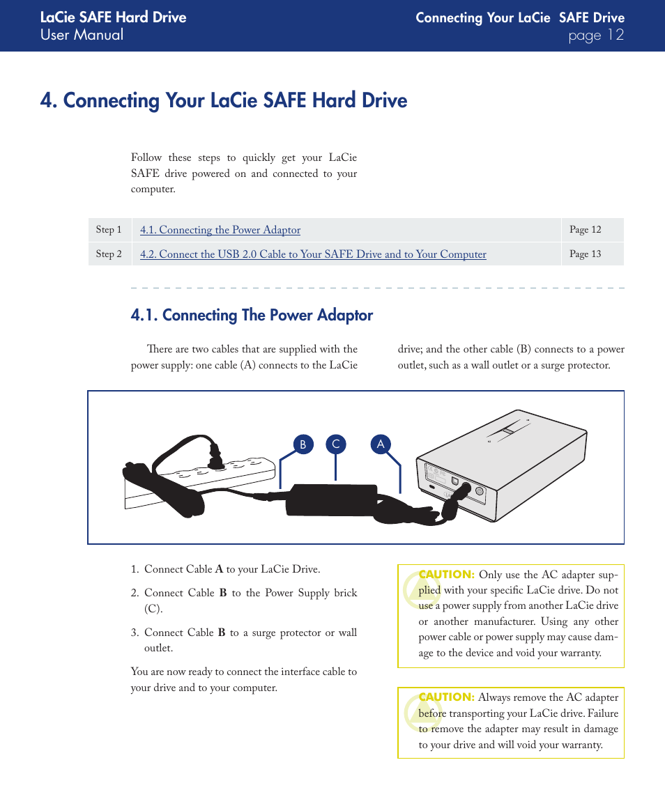 Connecting your lacie safe hard drive, Connecting the power adaptor | LaCie SAFE User Manual | Page 12 / 45