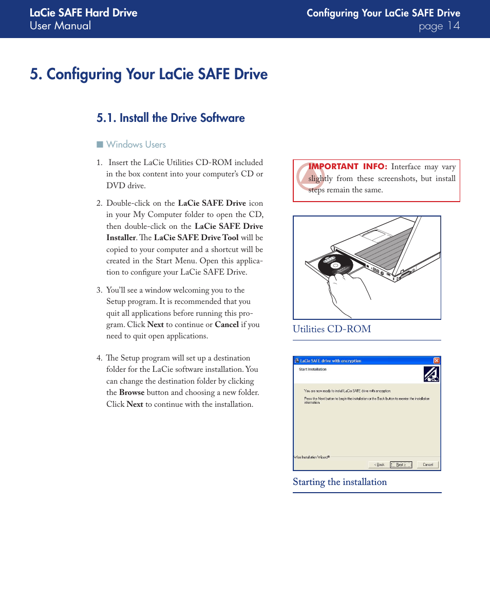 Configuring your lacie safe drive, Install the drive software, Windows users | LaCie SAFE User Manual | Page 14 / 45