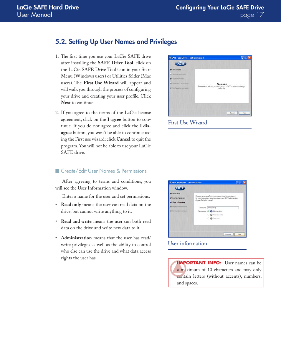 Setting up user names and privileges, Create/edit user names & permissions | LaCie SAFE User Manual | Page 17 / 45