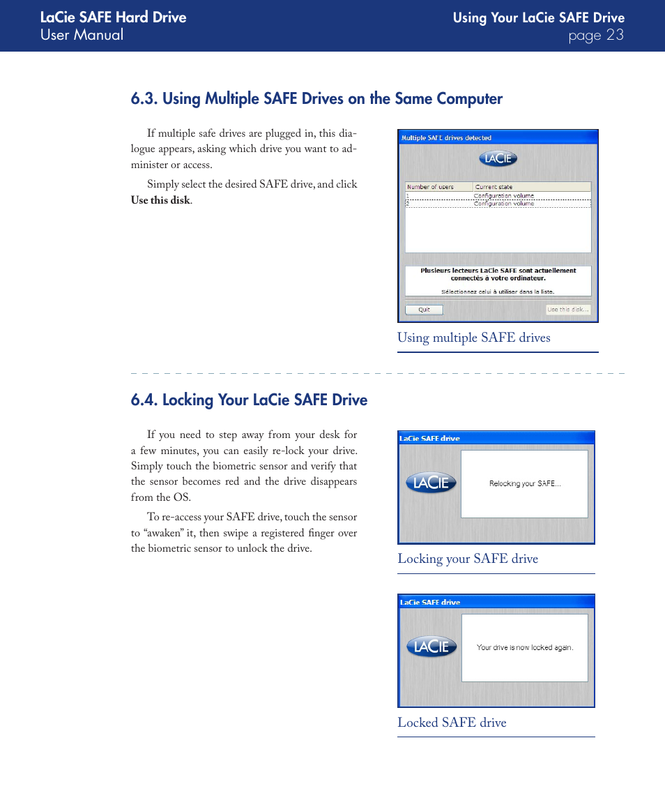 Using multiple safe drives on the same computer, Locking your lacie safe drive | LaCie SAFE User Manual | Page 23 / 45