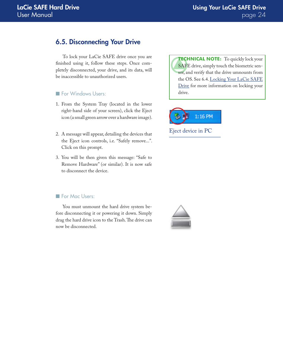 Disconnecting your drive, For windows users, For mac users | LaCie SAFE User Manual | Page 24 / 45