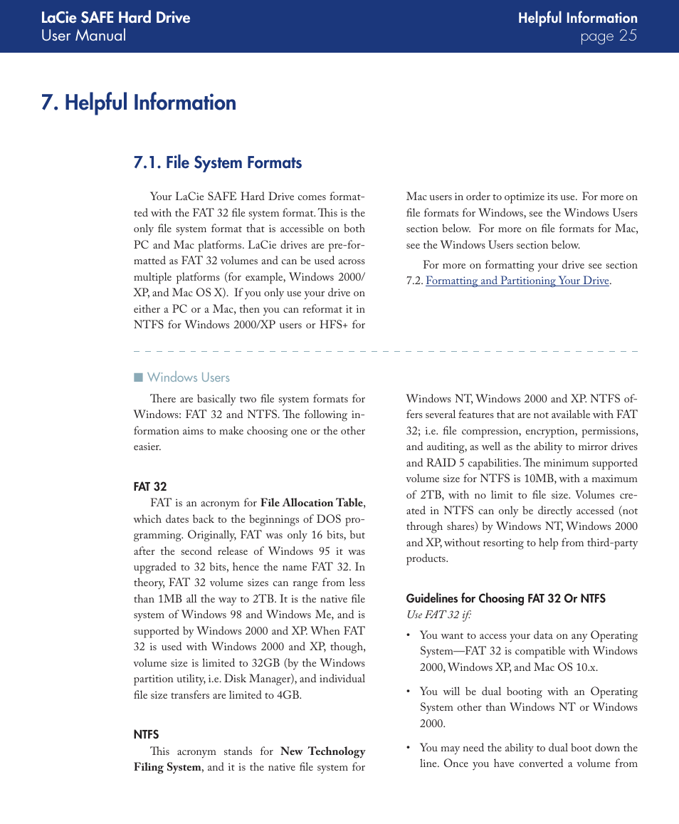 Helpful information, File system formats, Windows users | Lacie safe hard drive user manual page | LaCie SAFE User Manual | Page 25 / 45
