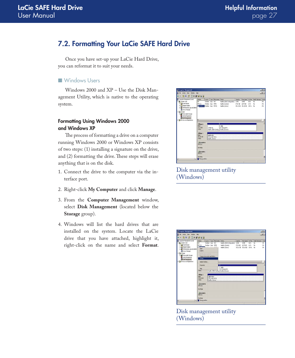 Formatting your lacie safe hard drive, Windows users | LaCie SAFE User Manual | Page 27 / 45