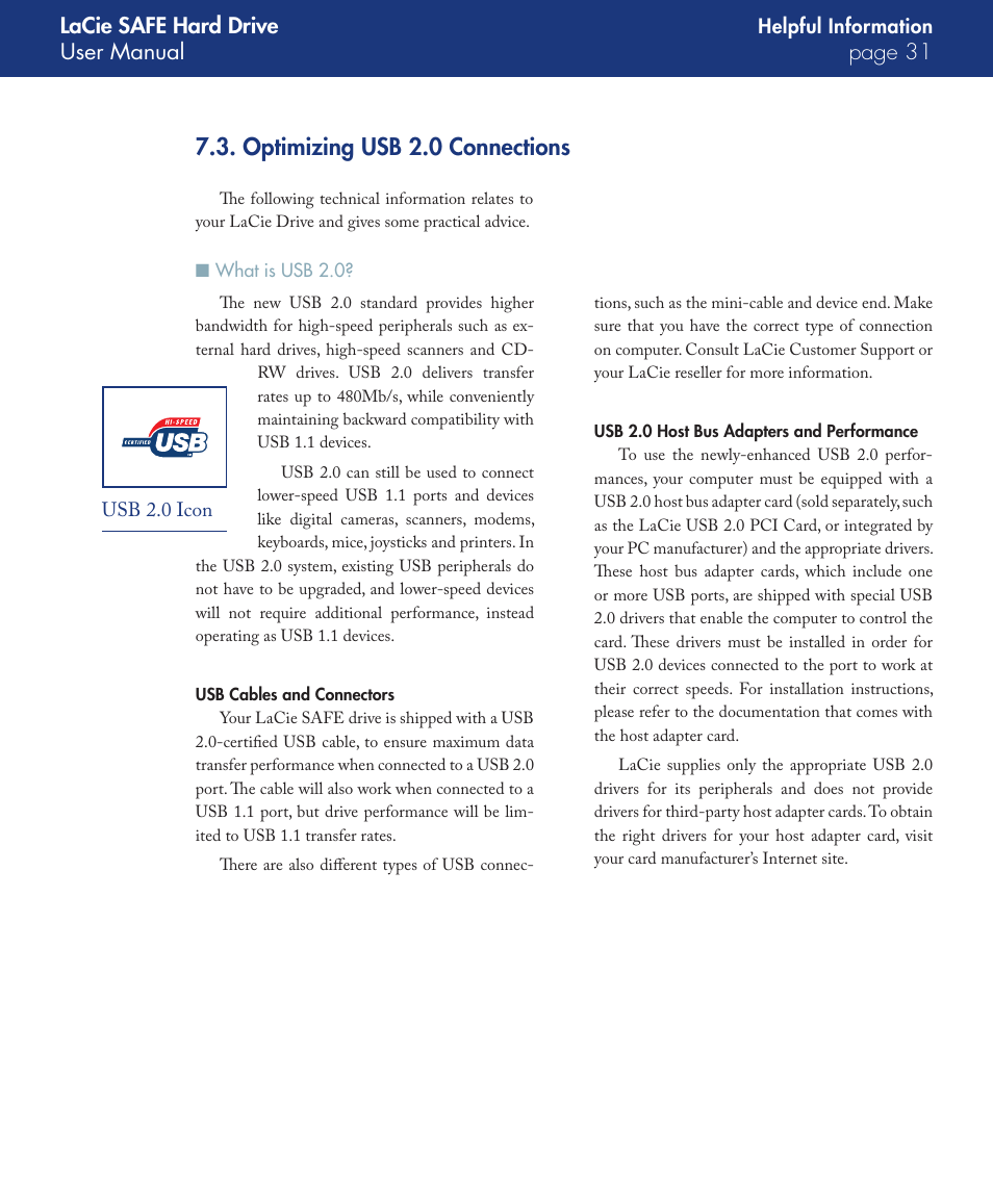 Optimizing usb 2.0 connections, What is usb 2.0, Lacie safe hard drive user manual page 1 | LaCie SAFE User Manual | Page 31 / 45