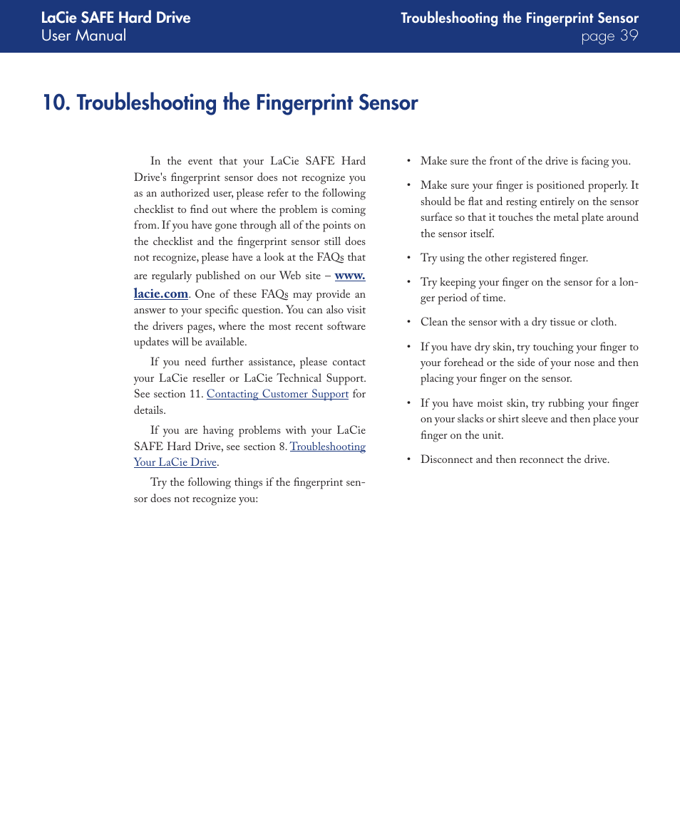 Troubleshooting the fingerprint sensor | LaCie SAFE User Manual | Page 39 / 45