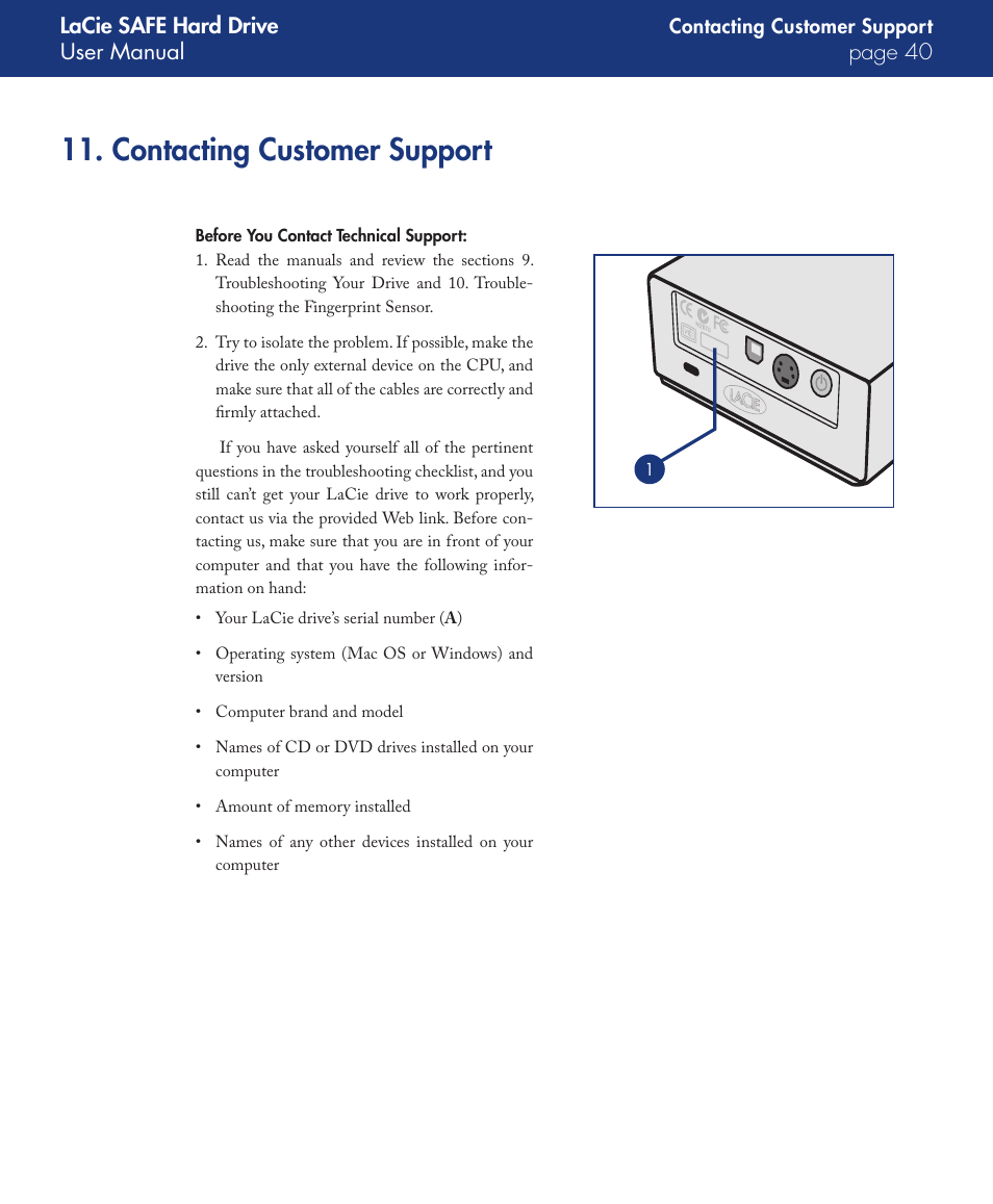 Contacting customer support | LaCie SAFE User Manual | Page 40 / 45