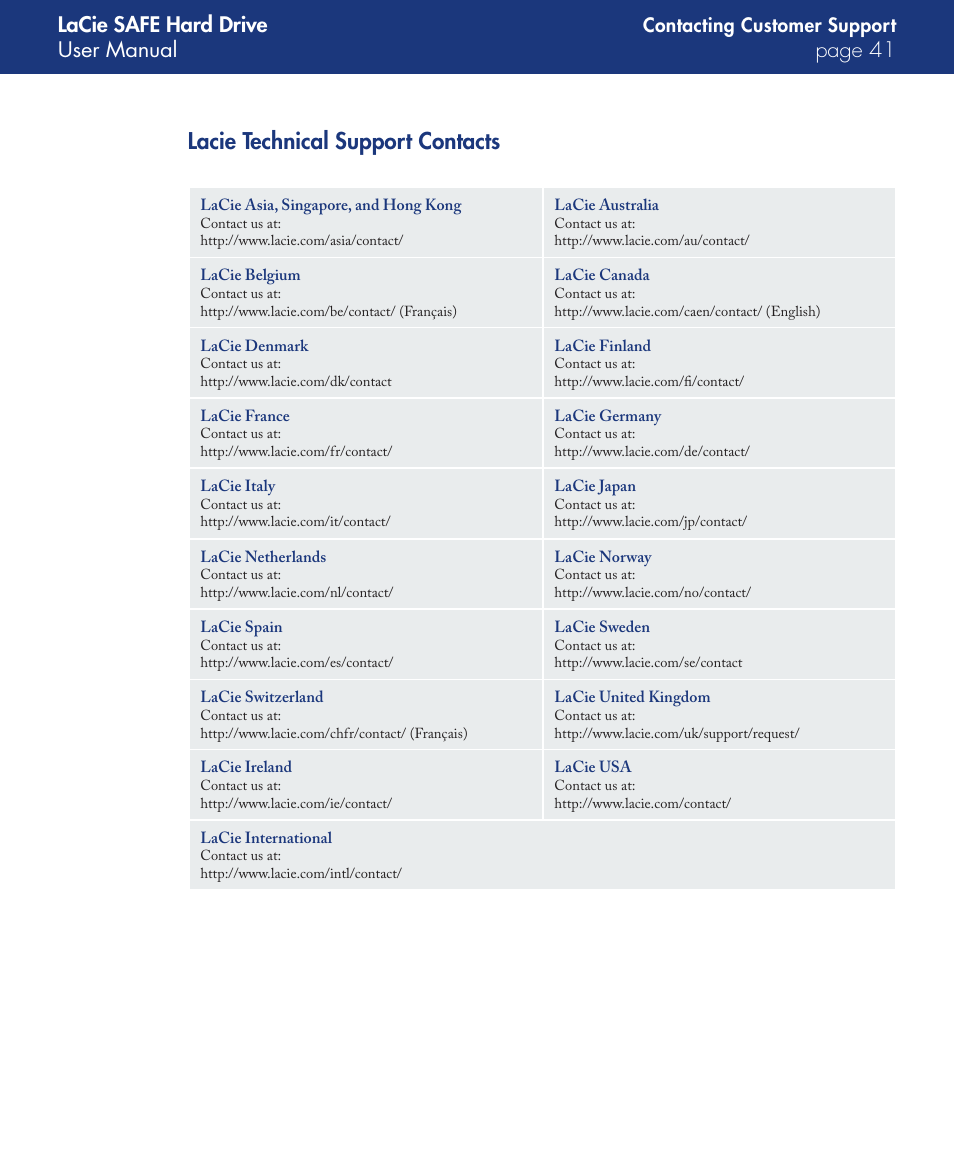 Lacie technical support contacts, Lacie safe hard drive user manual page 1, Contacting customer support | LaCie SAFE User Manual | Page 41 / 45