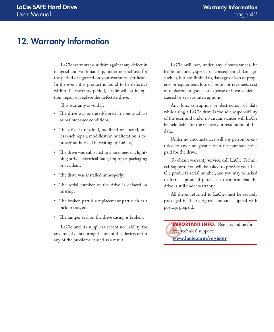 Warranty information, Lacie safe hard drive user manual page | LaCie SAFE User Manual | Page 42 / 45