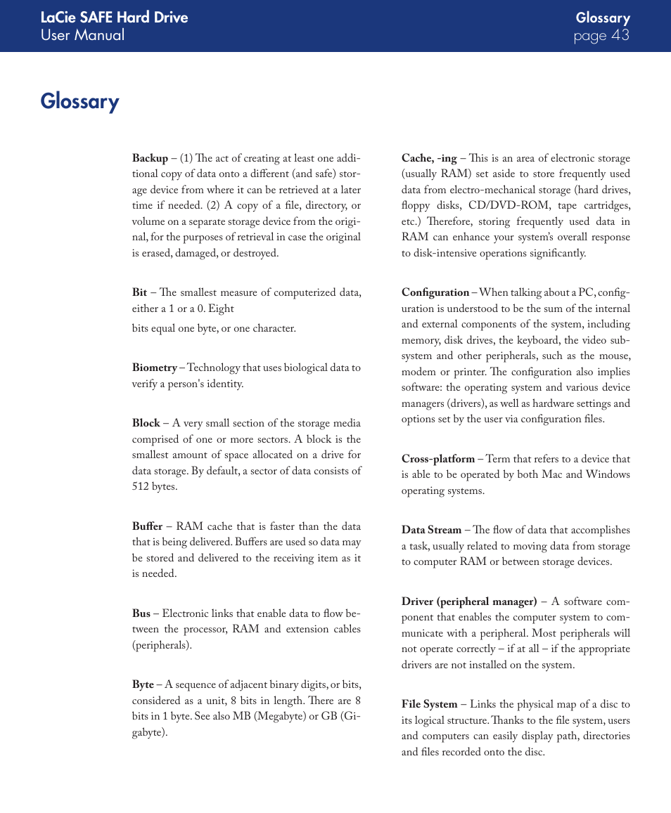 Glossary, Lacie safe hard drive user manual page | LaCie SAFE User Manual | Page 43 / 45