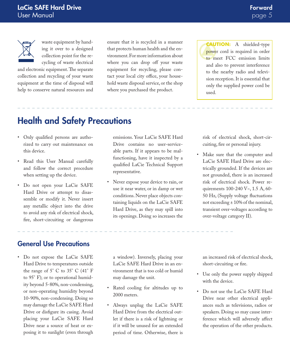 Health and safety precautions, General use precautions, Lacie safe hard drive user manual page | LaCie SAFE User Manual | Page 5 / 45