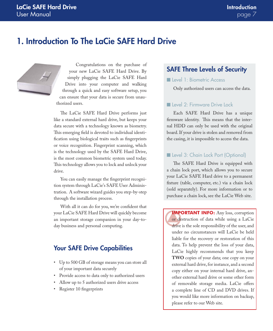 Introduction to the lacie safe hard drive, Your safe drive capabilities, Safe three levels of security | LaCie SAFE User Manual | Page 7 / 45