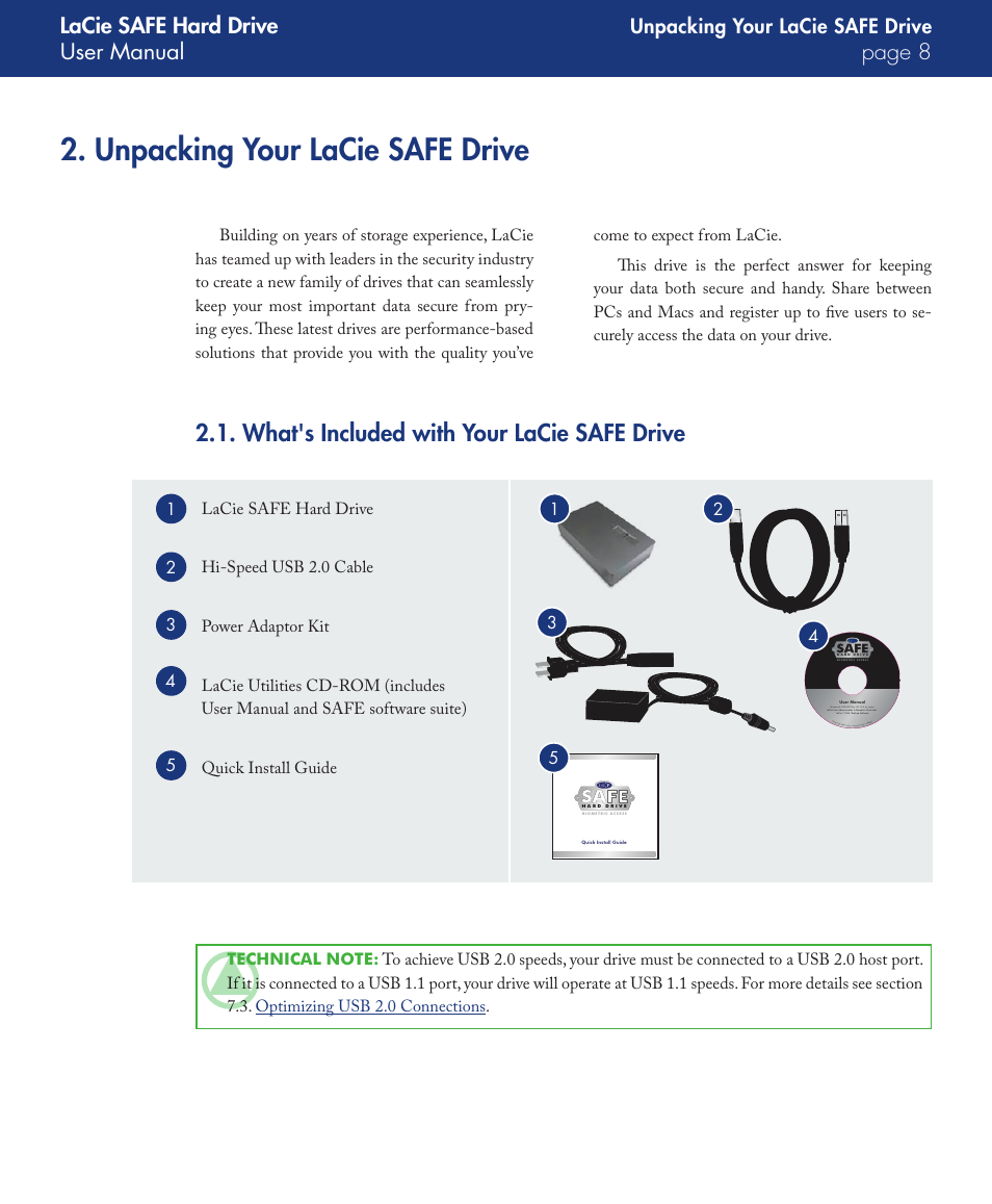 Unpacking your lacie safe drive, What's included with your lacie safe drive, Lacie safe hard drive user manual page | LaCie SAFE User Manual | Page 8 / 45