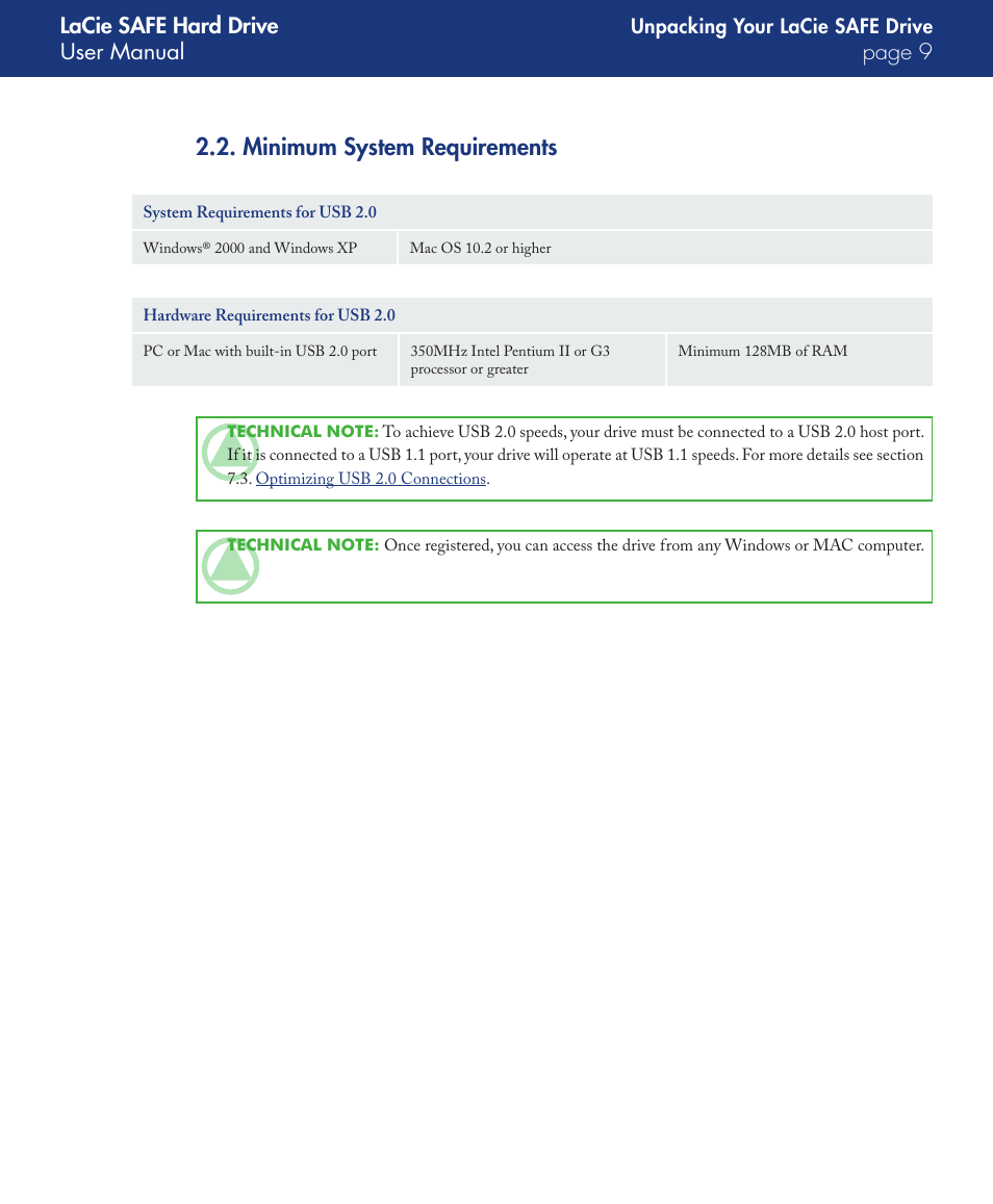 Minimum system requirements, Lacie safe hard drive user manual page | LaCie SAFE User Manual | Page 9 / 45