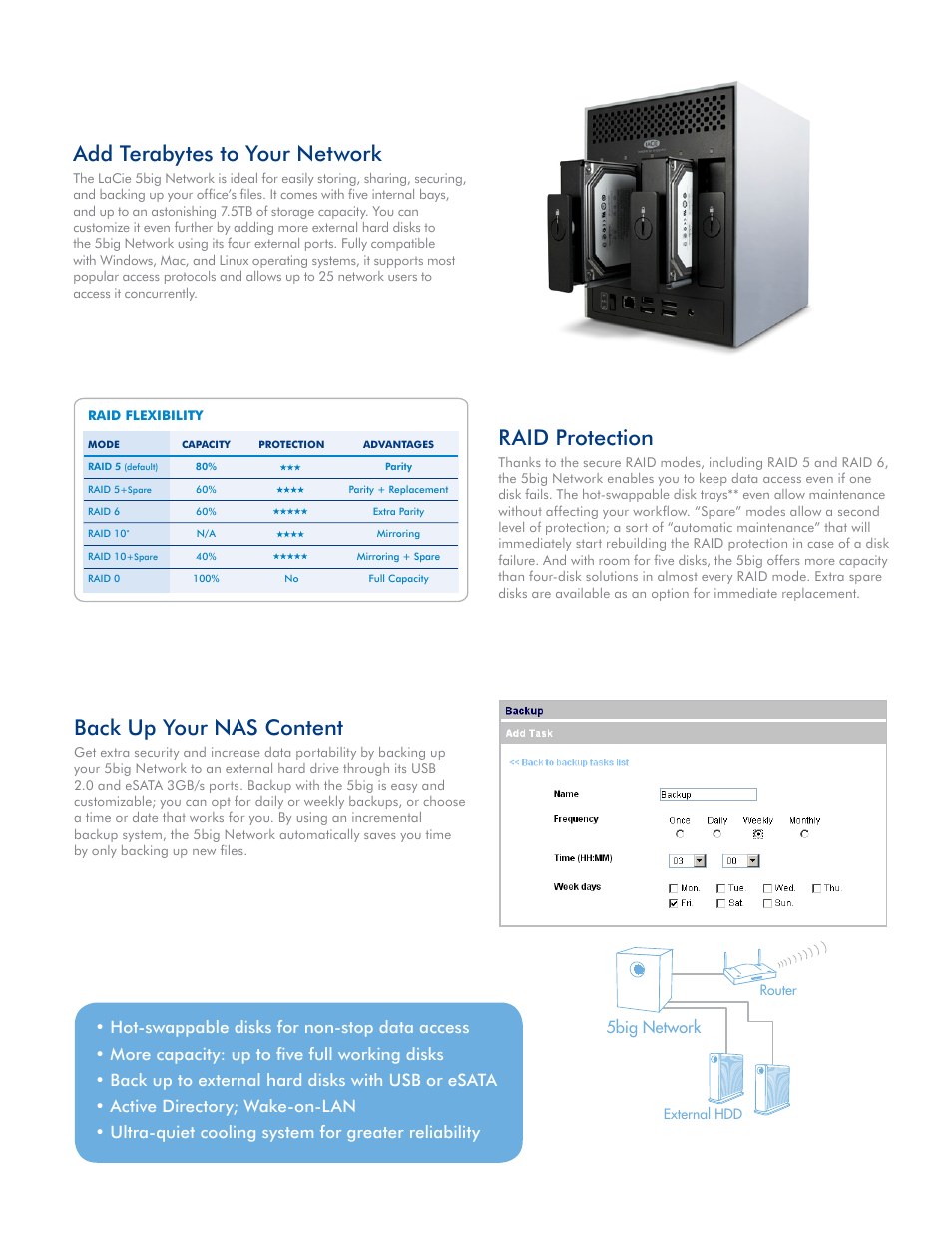 Back up your nas content, Add terabytes to your network, Raid protection | 5big network | LaCie 5big Network User Manual | Page 2 / 6