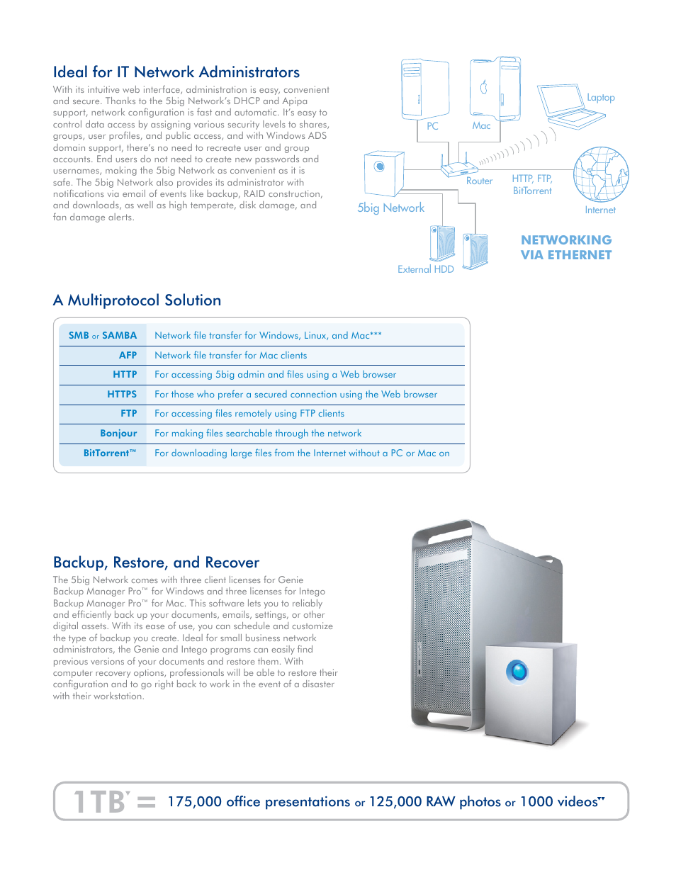 Ideal for it network administrators, Backup, restore, and recover, A multiprotocol solution | LaCie 5big Network User Manual | Page 3 / 6