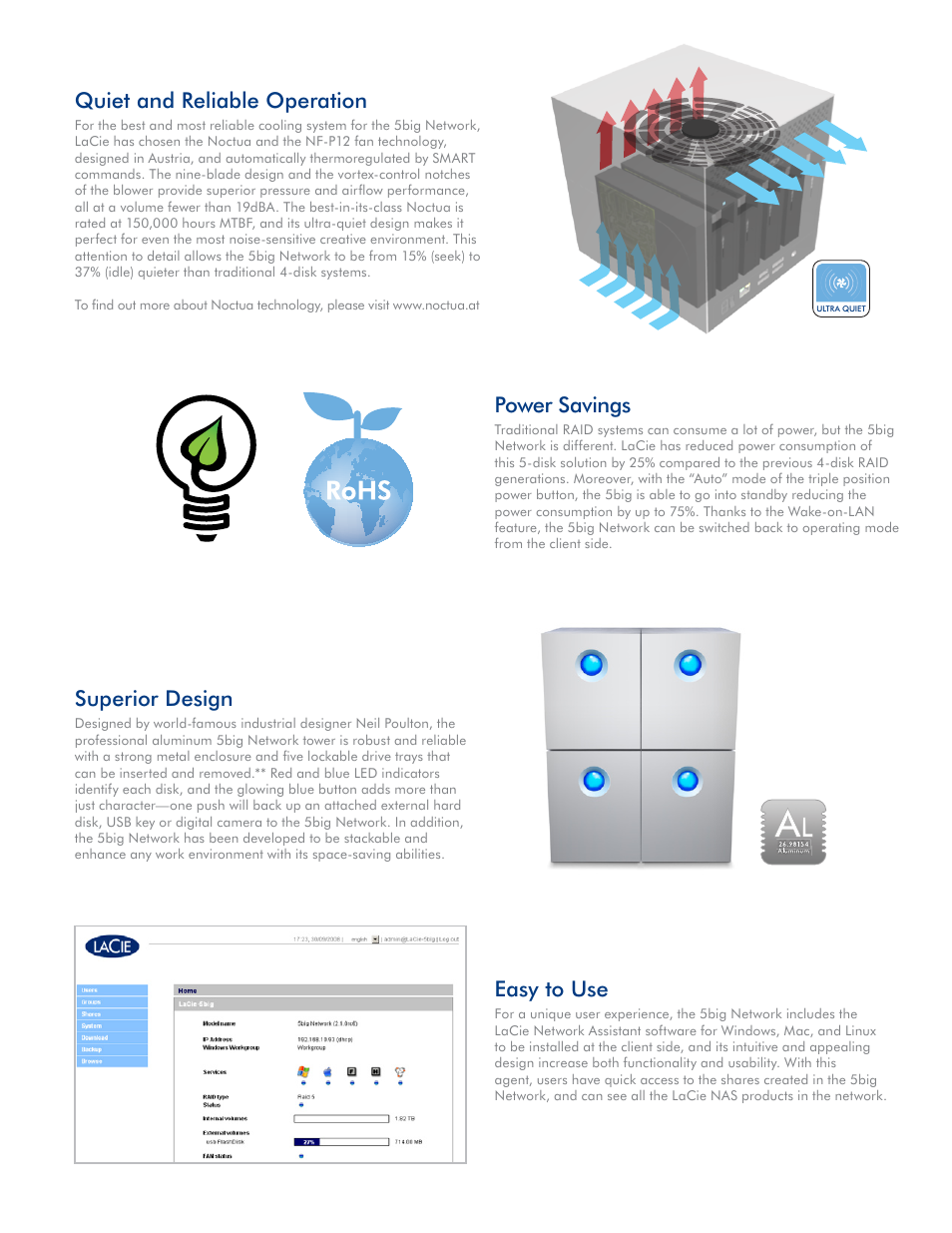 Quiet and reliable operation, Power savings, Superior design | Easy to use | LaCie 5big Network User Manual | Page 4 / 6