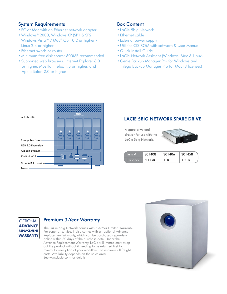 Premium 3-year warranty, System requirements, Box content | Lacie 5big network spare drive | LaCie 5big Network User Manual | Page 5 / 6