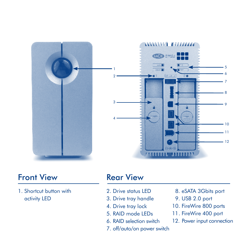 Front view, Rear view, Shortcut button with activity led | LaCie 2big Quadra User Manual | Page 3 / 24